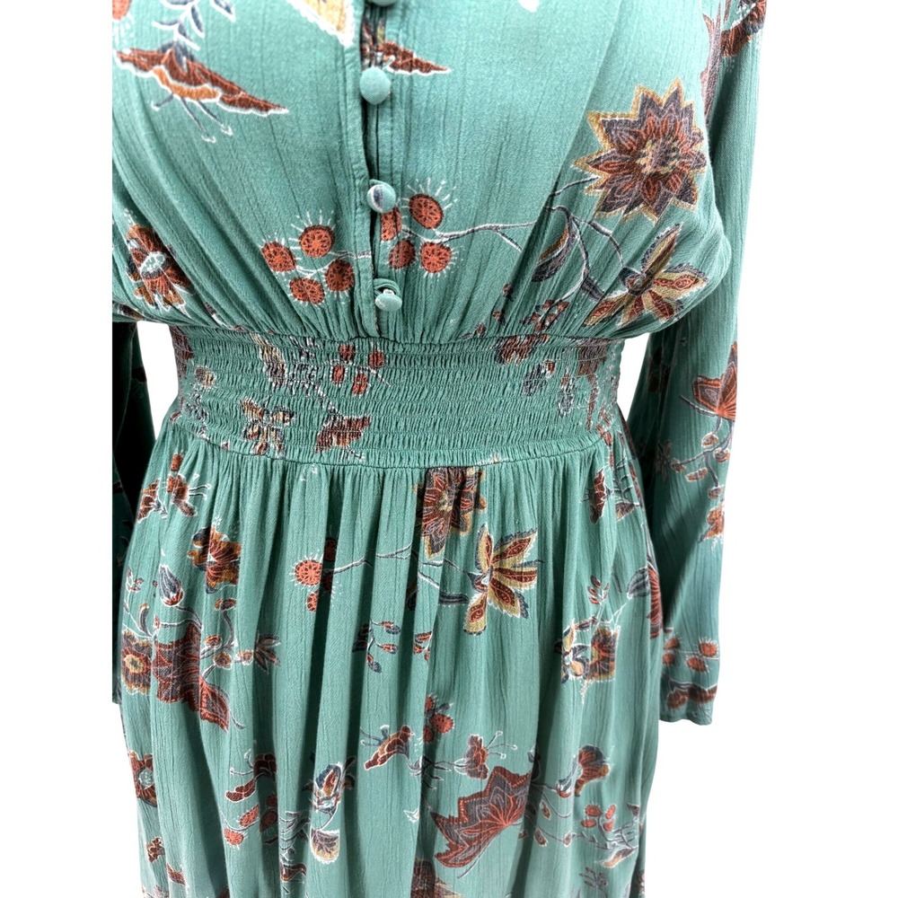 Kings Road V-Neck Dress Womens L Mint Green Brown Floral Bell Sleeve Excellent - Picture 3 of 10